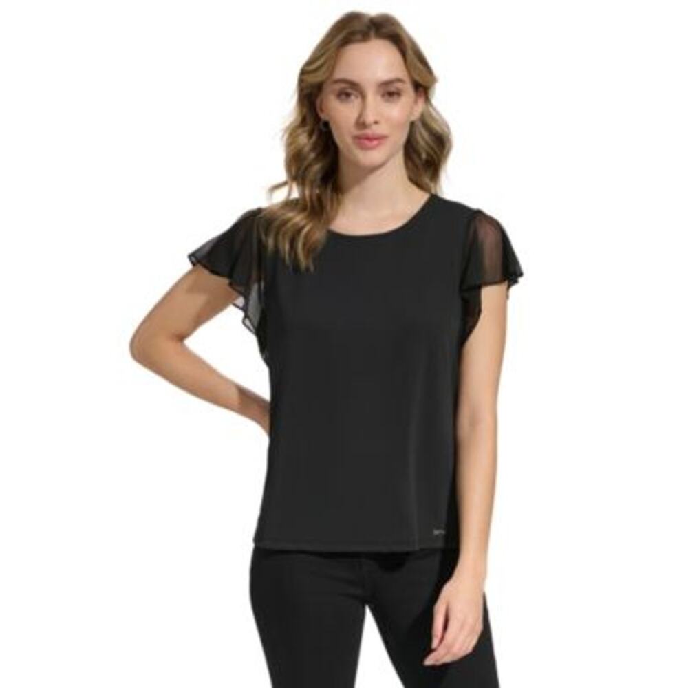 Calvin Klein Women's Mesh Flutter Sleeve Top in Black
